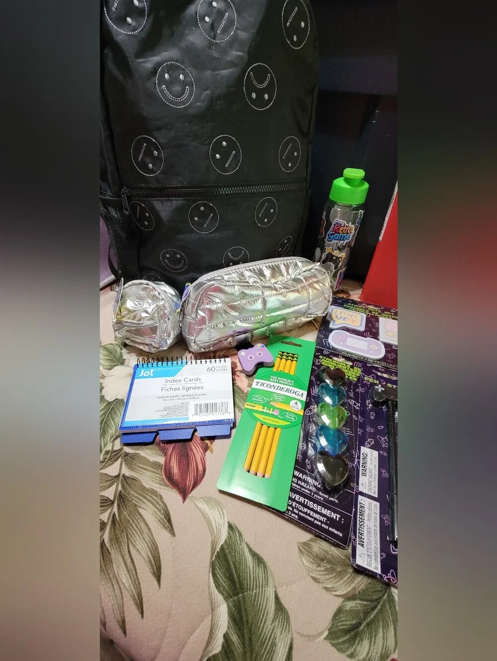 821-Art Class Black Smiley Gamer Themed Backpack & School Supplies